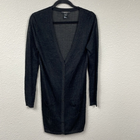 Mango Suit Black Sparkle Longline Cardigan V Neck Lightweight Sheer Layer Sz L - Picture 1 of 10